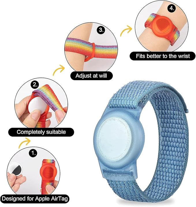 2 Pack Bracelet for Kids,Protective Cover with Nylon Wristband, Anti Lost GPS Trackers Case Cover Elastic Watch Band for Toddlers Girls Boys Elders (Light Rainbow,Blue)