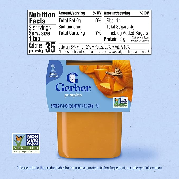 Gerber Stage 2 Baby Food, Pumpkin Puree Tubs, No Artificial Colors or Flavors, Baby Puree, 16-Pack