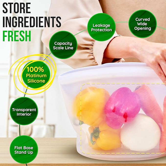 Reusable Silicone Food Storage Bag, 2-Cups, Large Container, Made in Korea BPA-Free Platinum Silicone, Triple-Airtight Freezer Bag, Microwave Safe, Sous Vide, Meal Prep, 17oz, Dry Rose | Reusable