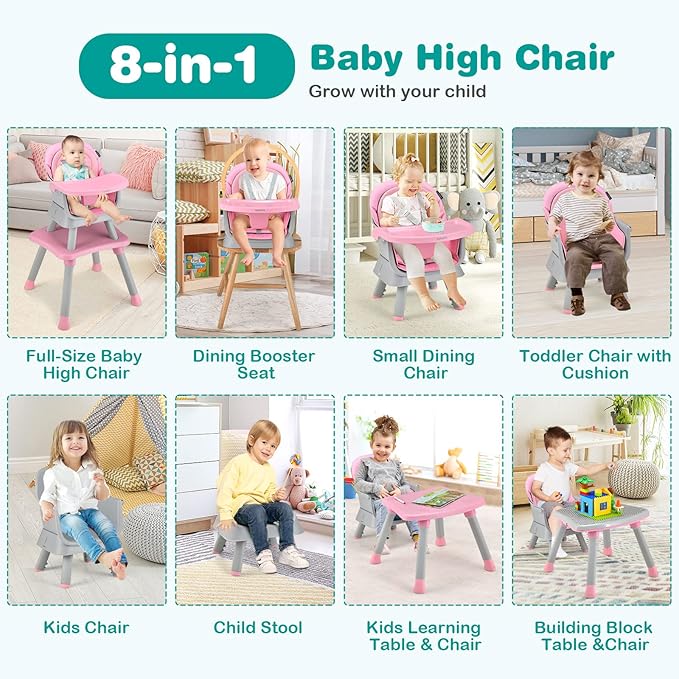 HOMGX Baby High Chair, 8-in-1 Convertible High Chair w/Removable Tray & Safety Harness, Infant Dining Booster Seat, Building Block Table & Chair Set, Highchair for Babies and Toddlers (Pink)