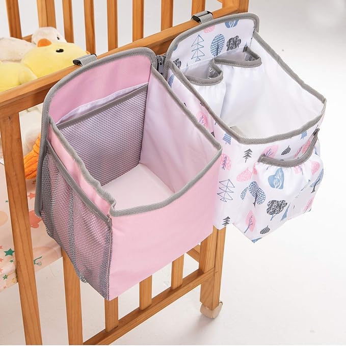 MOMIGO Baby Diaper Caddy Bag Stacker Organize - Nursery Storage Bin for Diapers, Wipes & Toys with Insulation Pocket - 2pcs Diaper Organizer for Crib Wall (Pink)
