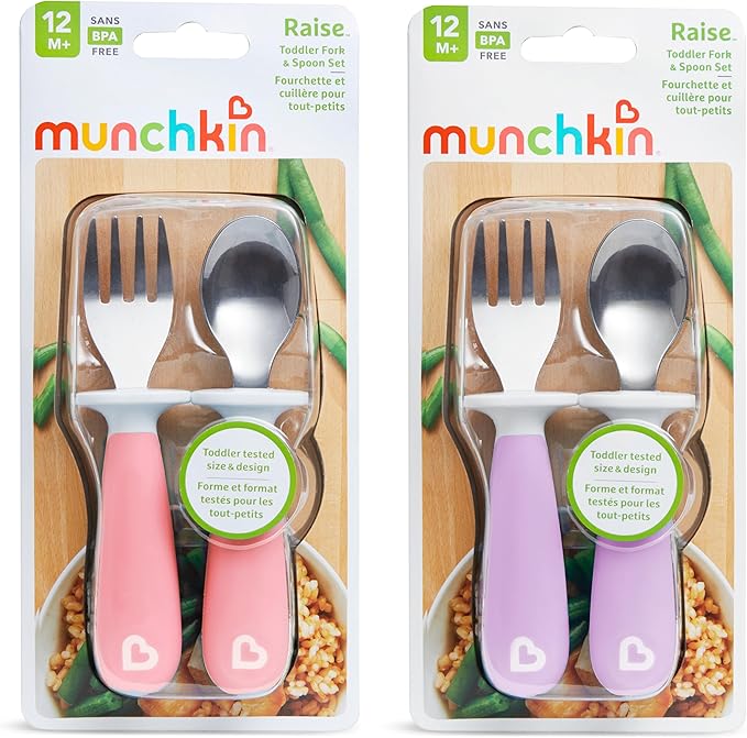Munchkin® Raise™ Toddler Fork and Spoon Utensil Set, Rest Keeps Tip Off Table, BPA Free, 4 Pack, Pink/Purple