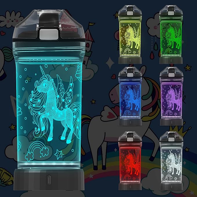 Attivolife Unicorn Water Bottle for Kids, LED Light up 3D Illusion Night Lamp -14 OZ - BPA Free Eco-Friendly Creative Glowing Cup, Ideal Back to School Gift for Girl Birthday Camping