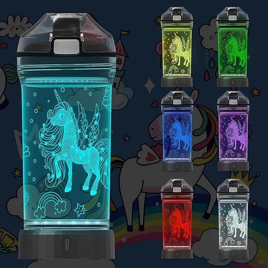 Attivolife Unicorn Water Bottle for Kids, LED Light up 3D Illusion Night Lamp -14 OZ - BPA Free Eco-Friendly Creative Glowing Cup, Ideal Back to School Gift for Girl Birthday Camping