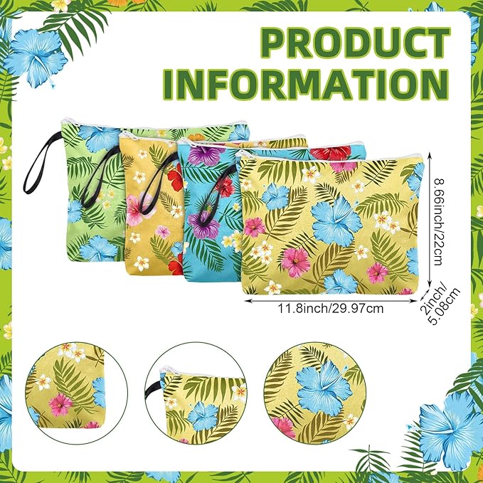 4 Pack Hawaiian Wet Dry Bags for Swimsuit Travel Beach Diaper Bag Waterproof Makeup Zipper Pouch with Handle Hawaii Flower Palm Leaves Cosmetic Toiletry Pouch for Women Gifts, Pool, Gym