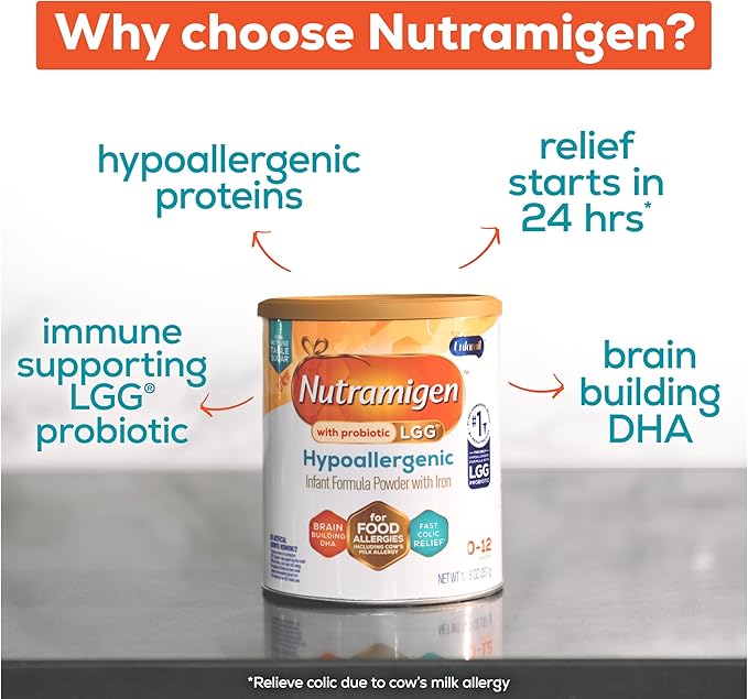 Enfamil Nutramigen Hypoallergenic Baby Formula with Iron, Lactose Free, Colic Relief from Cow's Milk Allergy Starts in 24 Hours, Brain Building DHA, Probiotic LGG for Immune Support, 12.6 Oz Can