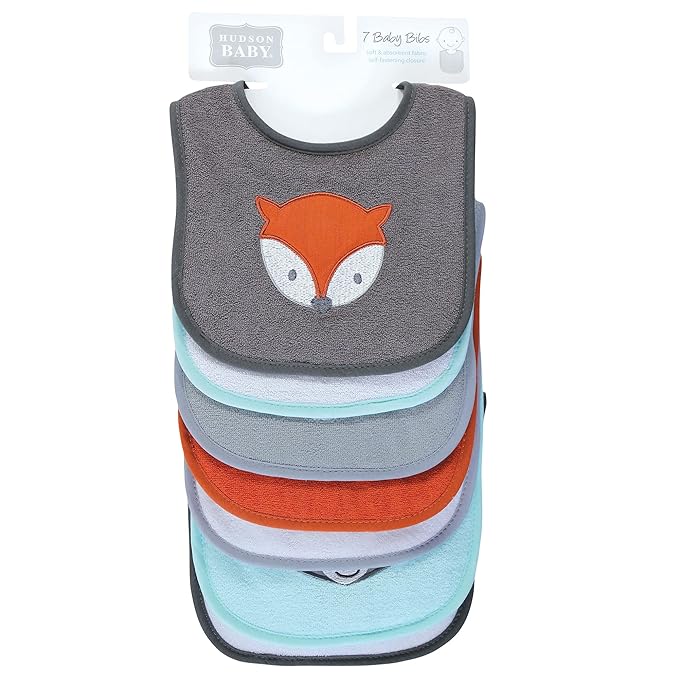 Hudson Baby Unisex Baby Cotton Terry Drooler Bibs with Fiber Filling, Boy Gray Woodland, One Size