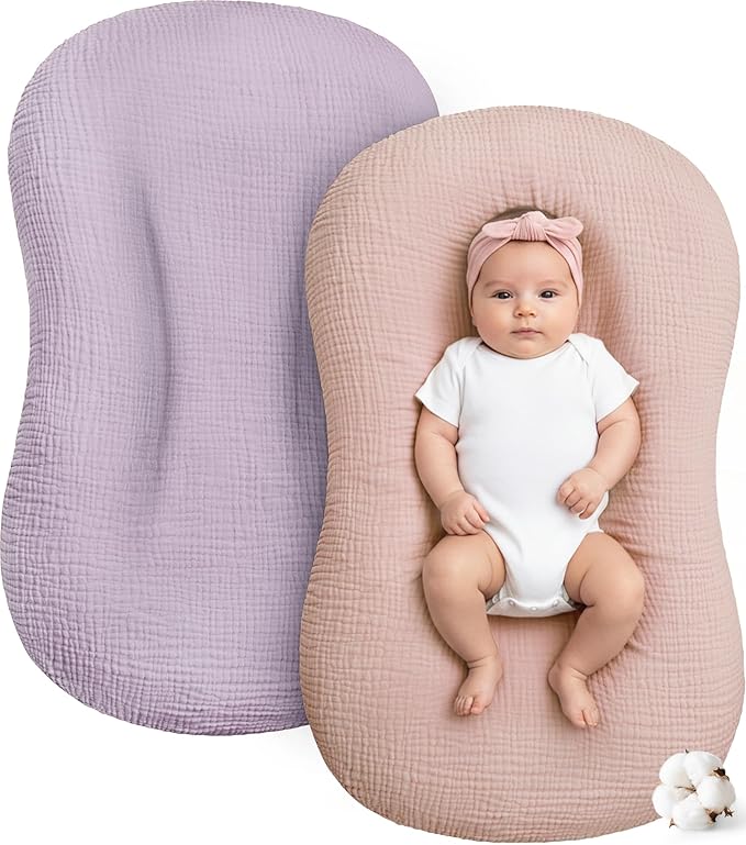 Muslin Baby Lounger Cover 2 Pack, Cotton Soft Breathable Infant Nest Slipcovers, Envelope Closure, Compatible with Snuggle Me Loungers, Machine Washable, Cover Only, for Girls Boys(Pink & Purple)