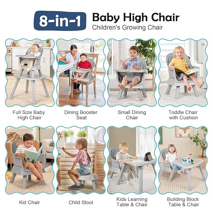 Cowiewie 8 in 1 Baby High Chair for Babies & Toddlers Table and Chair Set Building Block Table Highchair with Safety Harness, Removable Tray（Wavy）