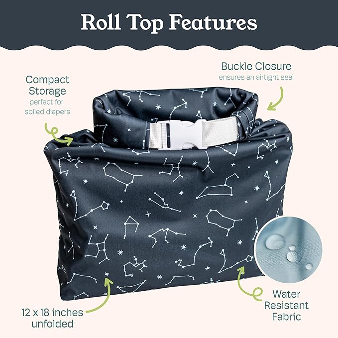 Kinder Set of 2 Water Resistant Wet Bags for Storing Laundry or Cloth Diapers Travel Size Wet Bag Daycare Beach Pool Wet Swimsuit Roll Top for Air Tight Odor Contained Washable Reusable (Night Sky)