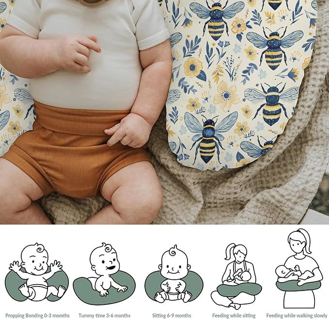 Bees Flowers Nursing Pillow Covers for Boy Girl Vintage Bees Boho Wildflowers Nursery Slipcover for Breastfeeding Pillows Bee Floral Spring Summer Soft Stretchy Removable Covers for Newborn Infant