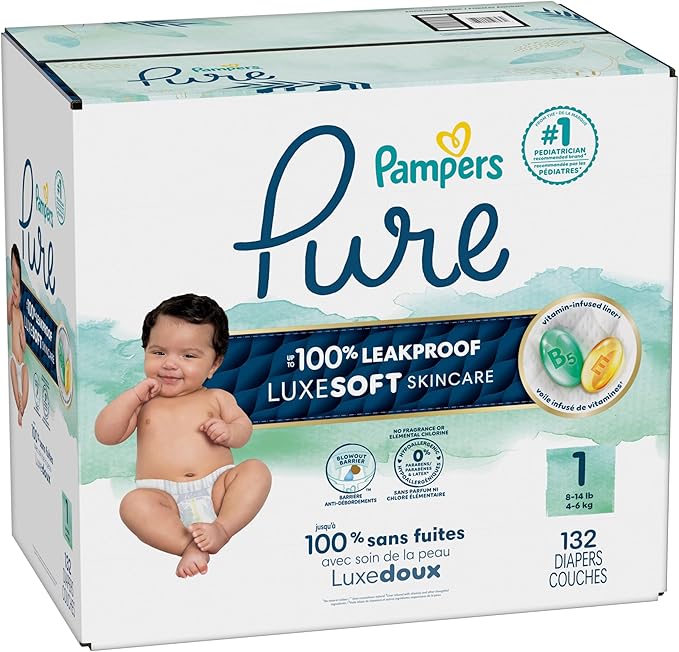 Pampers Pure Baby Diapers, Size 1 (8-14 lbs), 132, Up to 100% Leakproof, Premium Hypoallergenic Soft Diapers