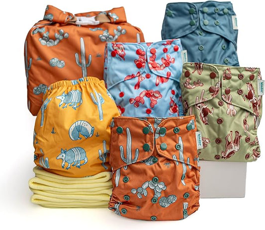 Kinder Cloth Diapers Reusable Baby Diapers Pocket Style Athletic Wicking Jersey, Bamboo Viscose Inserts, Wet Bag, Newborn to Potty Training 7-60lbs, One Size (Western Wildlife, 5 Pack, with Inserts)