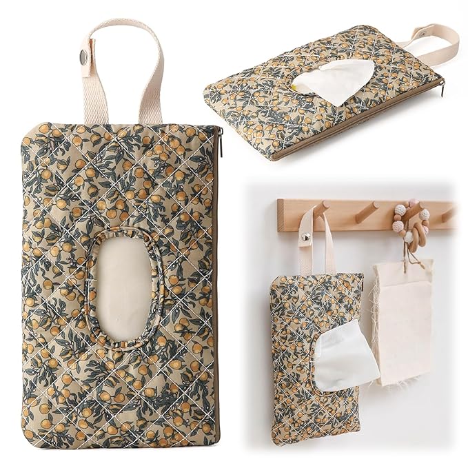 ETOYA Canvas Floral Quilted Wipe Dispenser Portable Wet Wipe Pouch for Mom(Green) (style2)