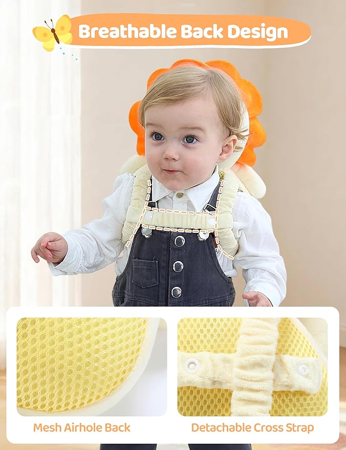 JunNeng Baby Head Protector Backpack with Squeaker, Knee Pads, Anti-Slip Socks, Yellow Lion Sets