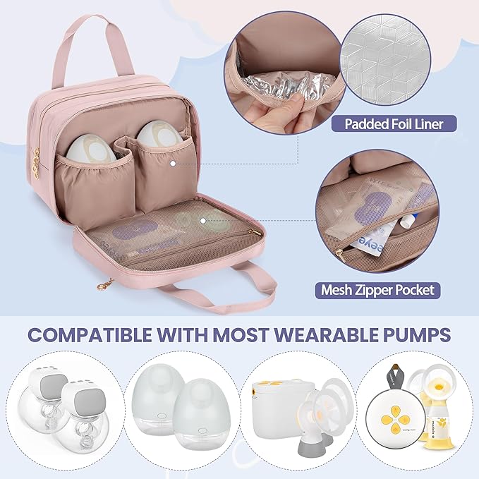 Damero Wearable Breast Pump Bag Compatible with Elvie, Willow and Momcozy Breast Pump, Carrying Case for Wearable Breast Pumps, Pump Parts and More, Pink