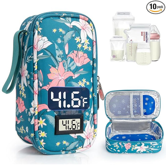 Breast Milk Cooler Travel Bag, Real-Time Temperature Display, Holds 4-6 Breastmilk Storage Bag with 2 Breast Milk Ice Pack, Cooling & Waterproof Portable Cooler for Moms on the Go (Lily)