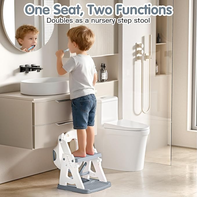 Potty Training Seat, 2 in 1 Potty Training Toilet with Step Stool for Boys Girls, Toddler Toilet Seat with Stabilizer Crossbar, Anti-Slip Pads and Splash Guard, Grey