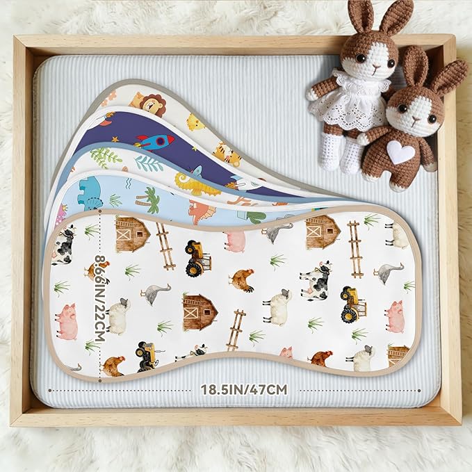 5 Pack Burp Cloths Organic Cotton, Animal Baby Burp Cloths Boy Girl, Absorbent Baby Burping Cloth, Soft Burping Cloth Set for Feeding, New Mom Gifts for Newborns Essentials Gift Set, 19”x9”