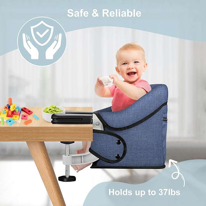 Hook On High Chair, Portable Foldable Clip On Baby Travel High Chair, Lightweight Feeding Seat with Storage Bag, BPA-Free Safety Harness for Home Restaurant (Navy)
