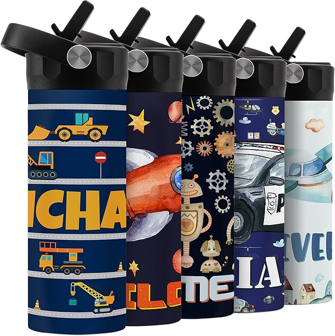 Personalized Kids Water Bottle with Straw Lid - 14 oz - 11 Wraparound Designs, Custom Water Bottle for Children, Back to School Gifts - BPA FREE, Double-Wall Insulated, Birthday Gifts - Construct