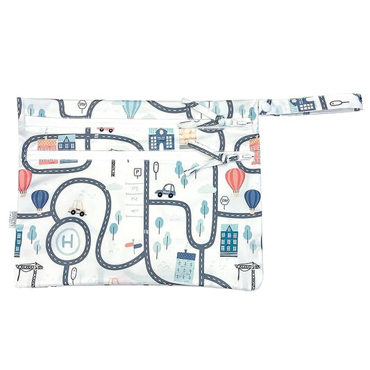 BapronBaby Tiny Town Wet Dry Bag - Waterproof Two Zipper Pockets - Reusable for Mealtime, Diapers, Stroller, Snacks, Swimsuits - Machine Washable - 11" x 9"