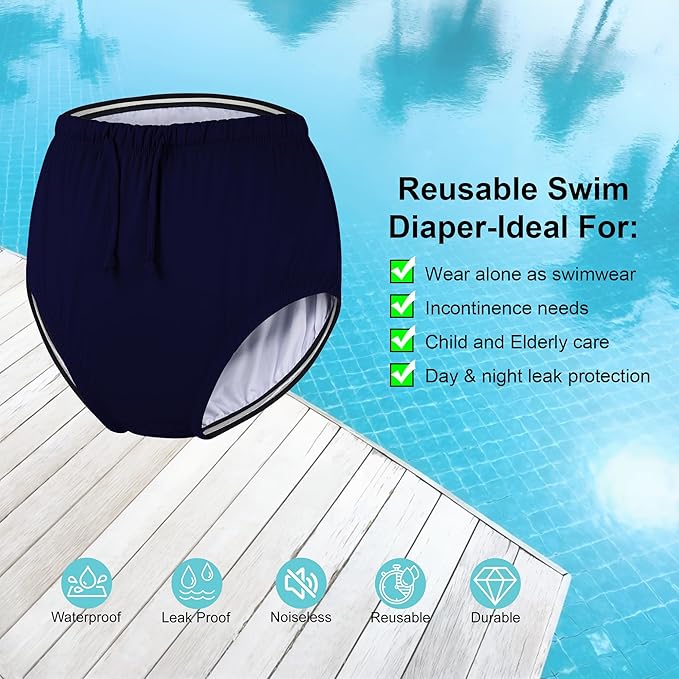 Special Needs Reusable Swim Diaper – Waterproof & Leakproof Incontinence Swimwear for Toddler, Youth & Adult, Unisex Cloth Diaper Cover (Navy, 3XL)