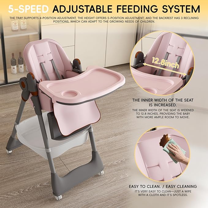 Foldable High Chair for Toddlers with Removable Double Tray & Storage Basket, 5 Height Levels Baby Eating Chair,3 Recline & Footrest Positions, Lockable Wheels,Easy Clean Feeding Chair (Pink)