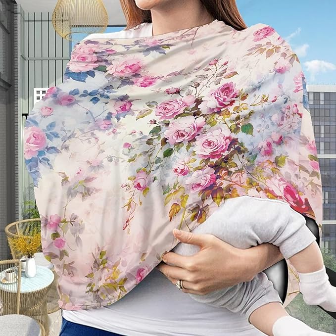 LedBack Pink Roses Stretchy Car Seat Cover for Babies, Breathable Breastfeeding Cover, Soft Lightweight Baby Carseat Canopy