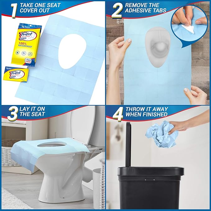 Relyo 20 Pack XL Disposable Toilet Seat Covers – Waterproof Toilet Cover Sheets with Adhesive Tabs for Adults, Kids & Toddlers, Travel, Public Restrooms, Airplane, Camping
