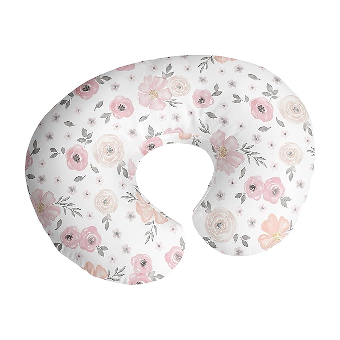 Sweet Jojo Designs Baby Nursing Pillow Cover (Pink/Grey Boho Floral) for Girls, Infant/Newborn Nursery, Bottle Breastfeeding Slipcover, Breast Feeding Pillowcase - Pillow NOT Included (Watercolor)