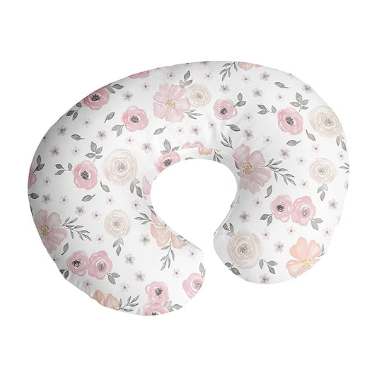 Sweet Jojo Designs Baby Nursing Pillow Cover (Pink/Grey Boho Floral) for Girls, Infant/Newborn Nursery, Bottle Breastfeeding Slipcover, Breast Feeding Pillowcase - Pillow NOT Included (Watercolor)