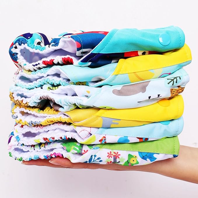Cloth Diapers 6 Pack with 6 Inserts & 1 Wet Bag - Waterproof Cover, Washable, Reusable & One Size Adjustable Pocket Diapers for Newborns and Toddlers (Bear Set)