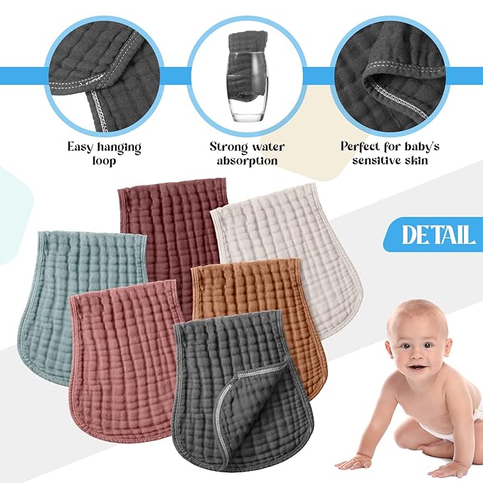 Frienda 6 Pack Muslin Burp Cloths Cotton Large 20''x 9'' Extra Absorbent and Soft Baby Burping Cloth for Baby Boy Girl Unisex(Fresh Colors)