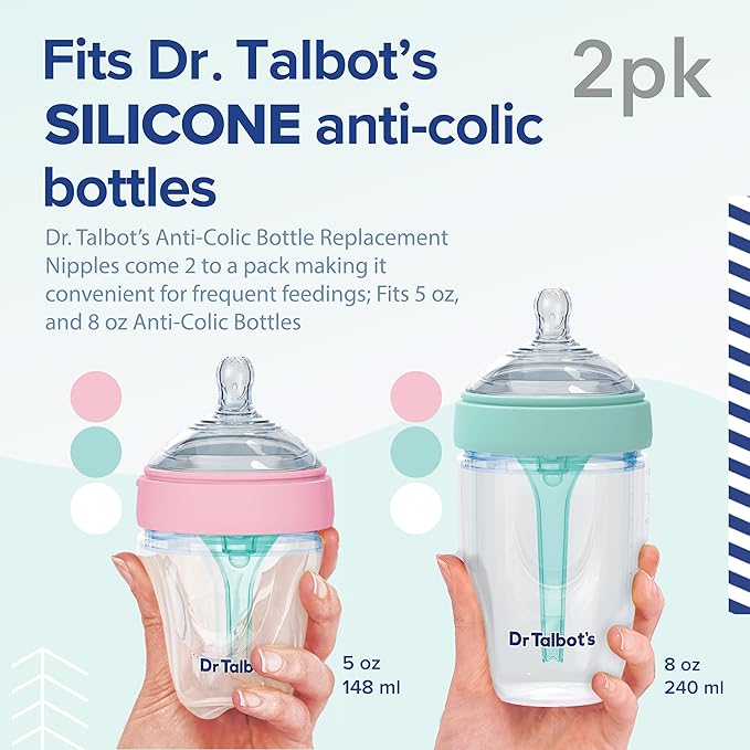 Dr. Talbot's Silicone Anti-Colic Bottle Replacement Nipples - Feeding Supplies for Newborn - (2-Pack) Extra Slow Flow Soft Flex Nipples - 0+ Months