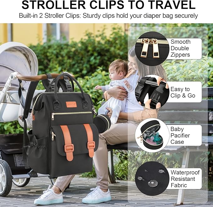 PIIOSER Diaper Bag Backpack with Ice Pack, Large Capacity & Waterproof Baby Travel Backpack Bag for Moms Dads, Insulated Baby Cooler Bag with Changing Pad, Stroller Straps & Pacifier Case, Black