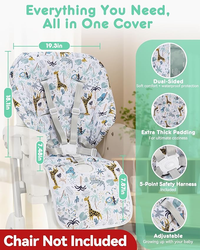 Baby High Chair Cover Replacement, Reversible & Waterproof High Chair Cushion Pad Home & Restaurant use, Includes 5-Point Harness Strap, Chair Not Included - Green