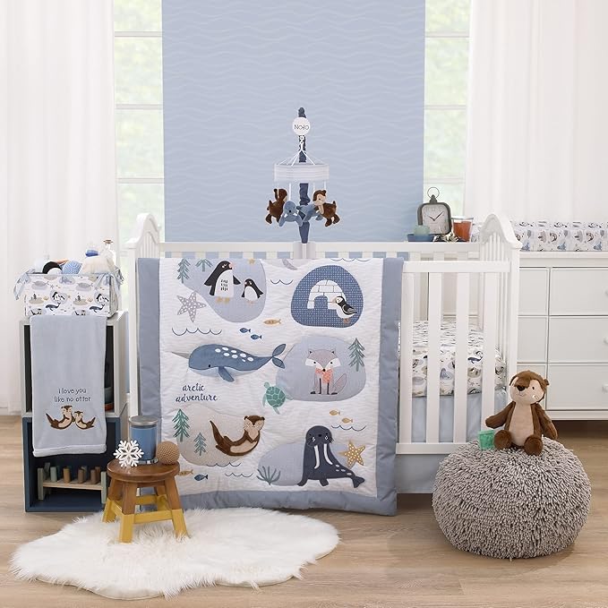 NoJo Arctic Adventure Light Blue, White, Navy and Taupe Whales, Penguins, Walrus and Otters Super Soft Contoured Changing Pad Cover