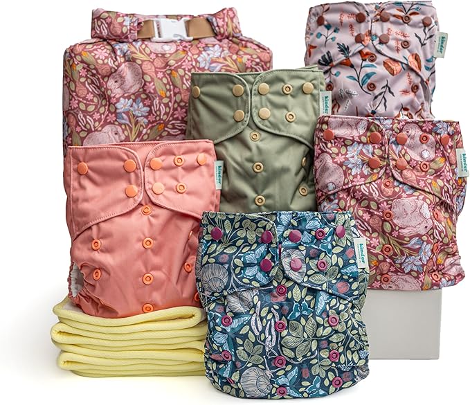 Kinder Cloth Diapers Reusable Baby Diapers Pocket Style Athletic Wicking Jersey, Bamboo Viscose Inserts, Wet Bag, Newborn to Potty Training 7-60lbs, One Size (Garden Party, 5 Pack, with Inserts)