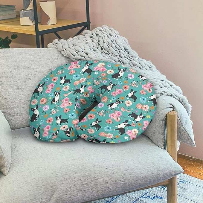 Floral Corgi Dog Nursing Pillow Cover for U-Shaped Feeding Pillow Cowhide Breastfeeding Pillow Slipcover Hidden Zipper Design Soft and Skin-Friendly