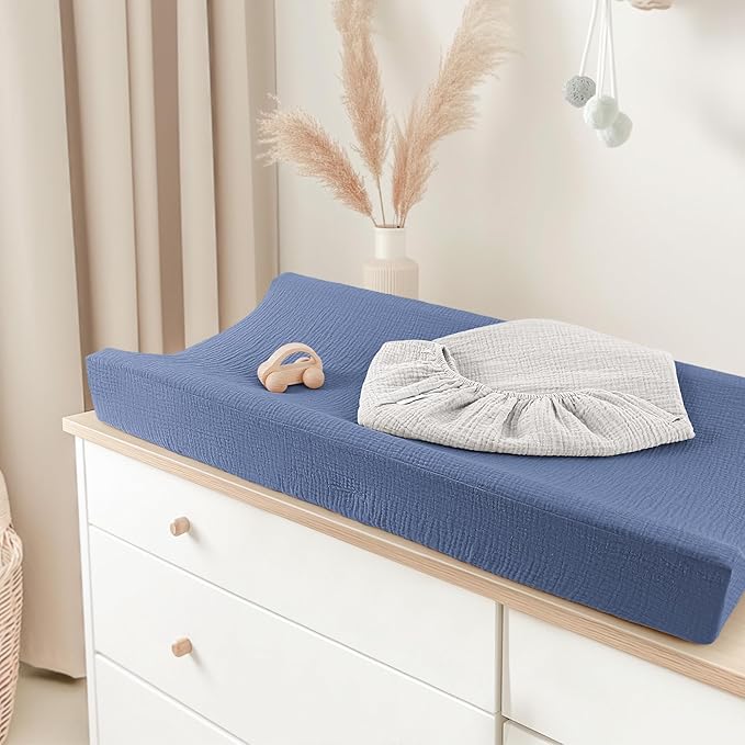 Bearmoss Baby Changing Pad Cover, Muslin [100% Cotton] Diaper Table Covers, 32'' x 16'' Soft Breathable Changing Pad Sheets for Unisex Baby Girls and Boys with Strap Holes (BlueWhite)