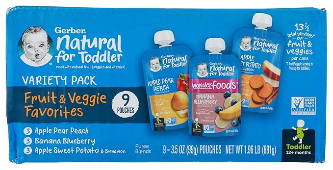 Gerber Stage 2 Baby Food, Fruit and Veggie Favorites Puree Pouches Variety Pack, No Added Sweetener, Baby Food Pouches, 9-Pack