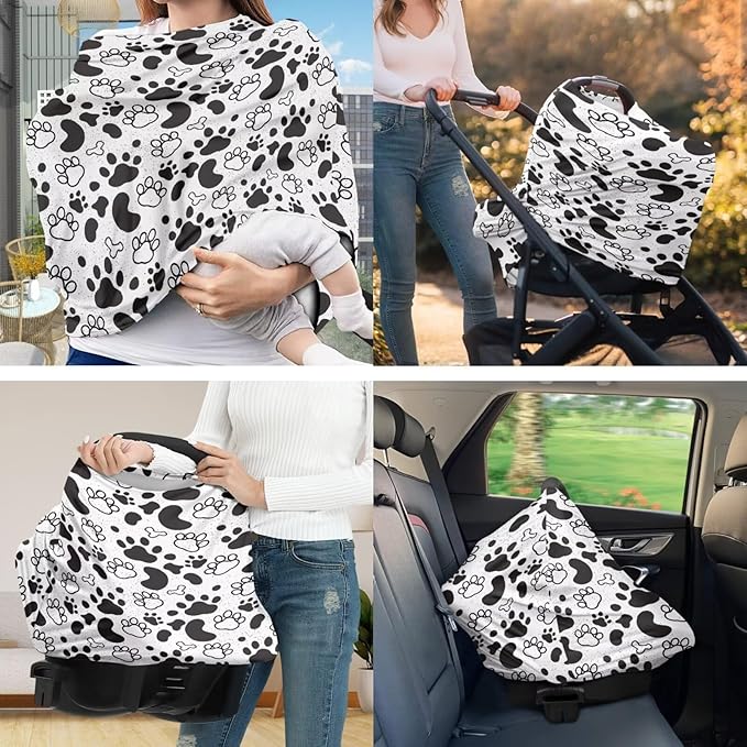 Dog Paws Print Baby Carseat Stroller Cover with U-Shaped Pillowcase for Boys Girls, Infant Toddler Privacy Nursing Breastfeeding Canopy, Grocery Shopping Cart Covers, 2 Piece