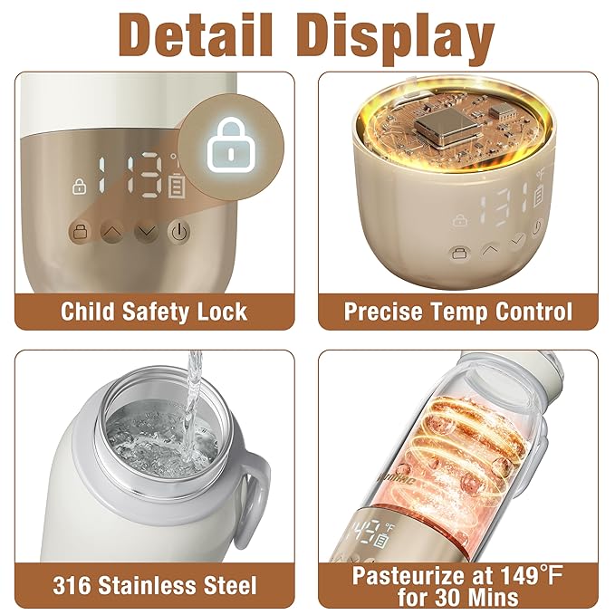 Portable Bottle Warmer for Travel, 18.6 Oz Portable Milk Warmer, 98-212℉ Adjustable, Baby Bottle Warmer On The Go with 12000mAh Battery, Fast Heating Water Warmer with Keep Warm & Sterilization