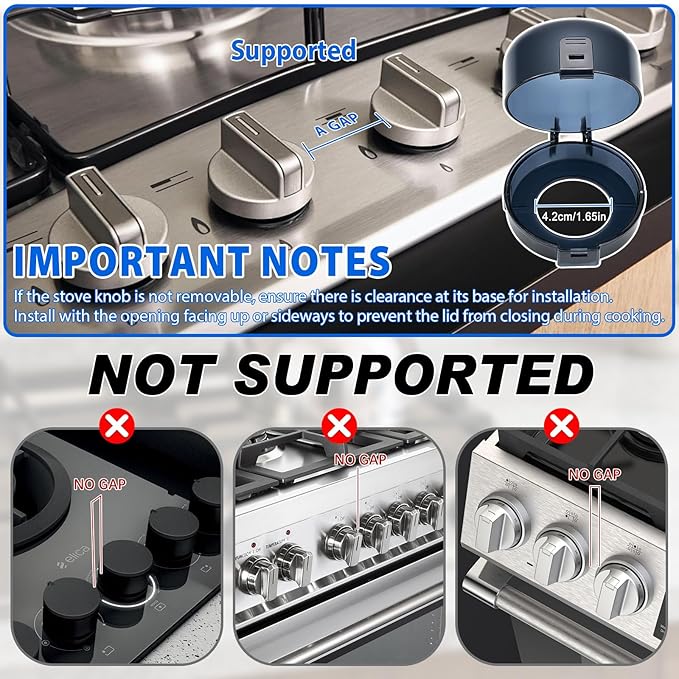 6-Pack Stove Knob Safety Covers - Gas Oven Knob Locks for Diameter Under 2.7 inch, Heat Resistant & Adhesive Base (Black)