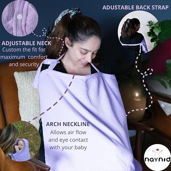 Nursing Cover – 100% Cotton Muslin, Snap Buttons, Rigid Neckline, Lightweight, Breathable, with Carry Pouch