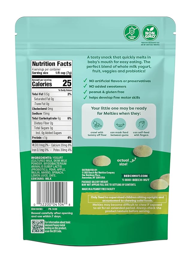 Beech-Nut Probiotic Melties Baby & Toddler Snack Melts, Pear Mango Spinach Yogurt, 1 oz (7 Pack)