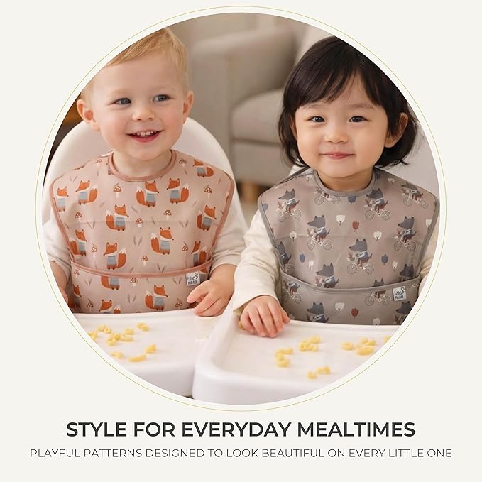 Waterproof Baby Bibs for Eating 3-Pack | Toddler Bibs with Food Catcher | Machine Washable Bibs, Lightweight | Infants & Toddlers 6-36 Month, CPSIA Tested, Animal Design (White, Pink, Grey)