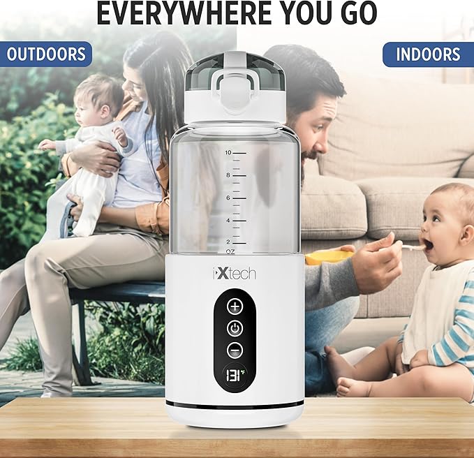 IXTECH Portable Water Warmer for Travel, Instant Breastmilk, Baby Formula, Water, Portable Bottle Warmer, 10., Ounces with Adjustable Temperature Control, Rechargeable and Wireless.