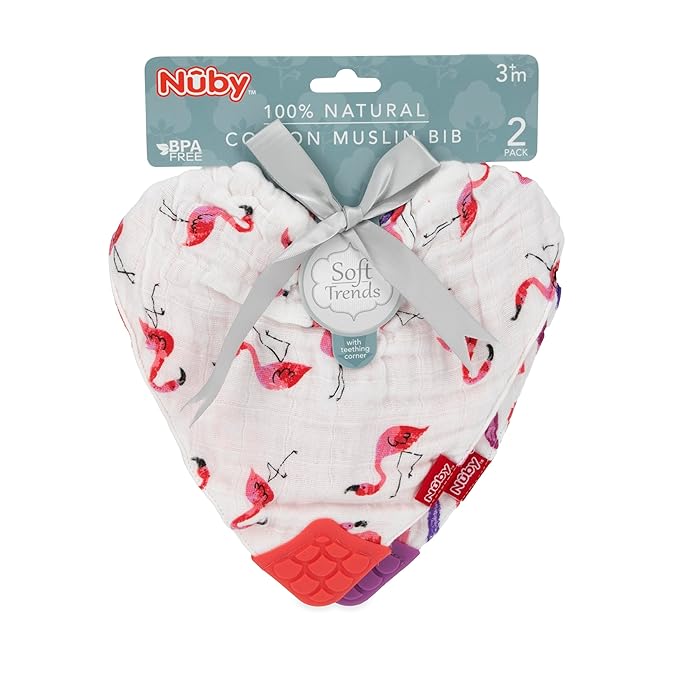 Nuby 2Piece Muslin Bandana Bib with Teether, Colors May Vary, 2 Count (Pack of 1)